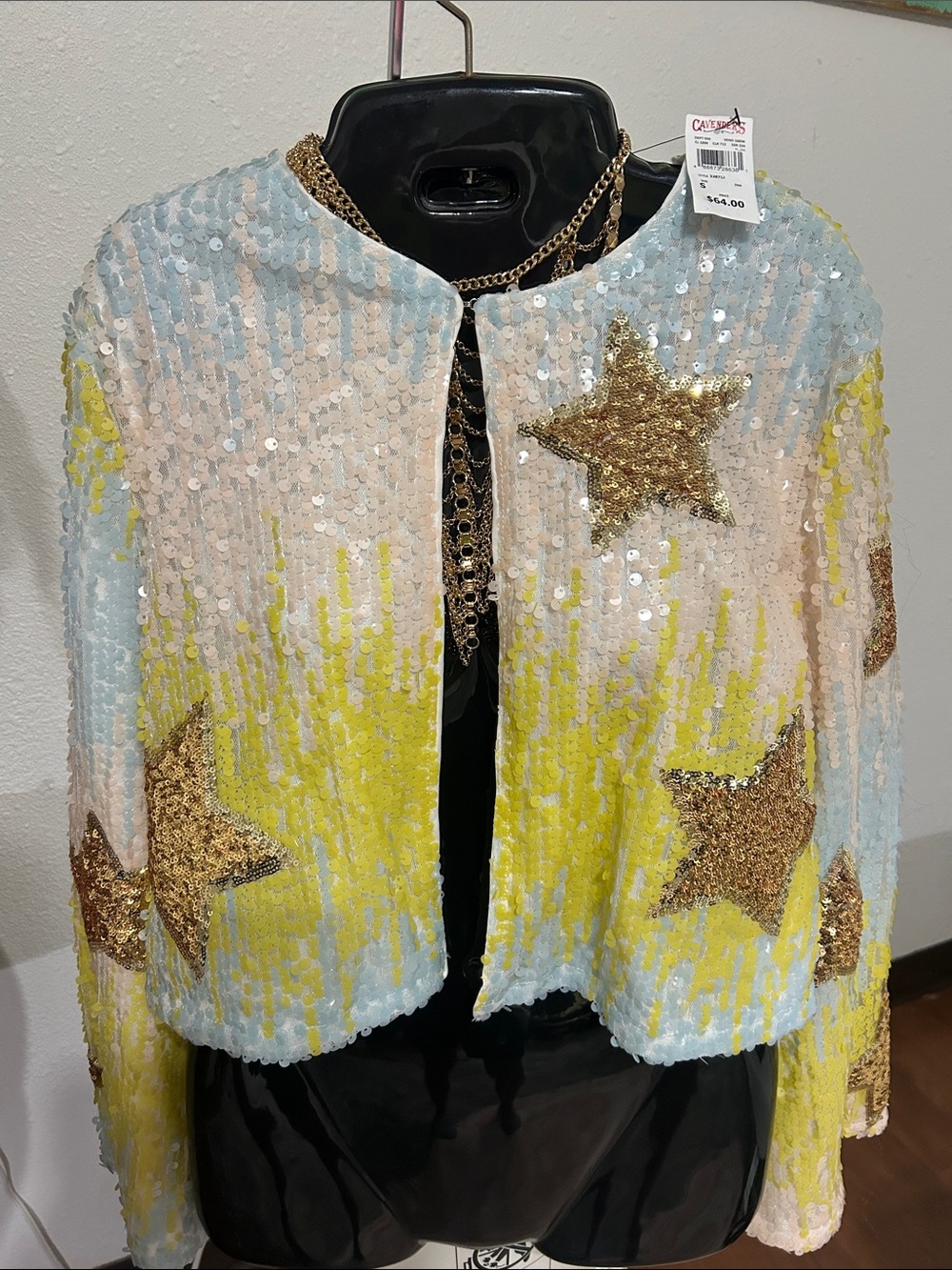 Sequin Star Open-Front Jacket in Yellow & Light Blue